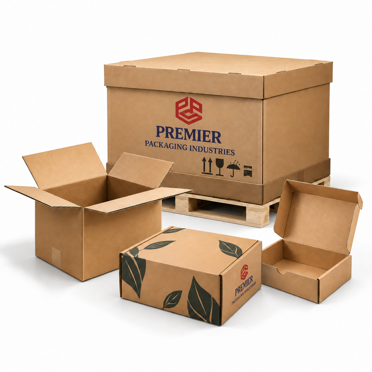 Assorted corrugated packaging boxes for industrial and retail applications